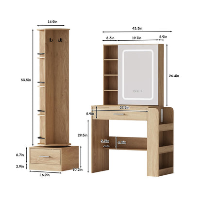 Fameill Natural Vanity Desk with Full Length Mirror and Lighted Mirror Makeup Vanity Dressing Table with 3 Color Lighting Modes,Power Outlet,Drawers,Hooks Hidden,Shelves,Bedroom Desk,Natural