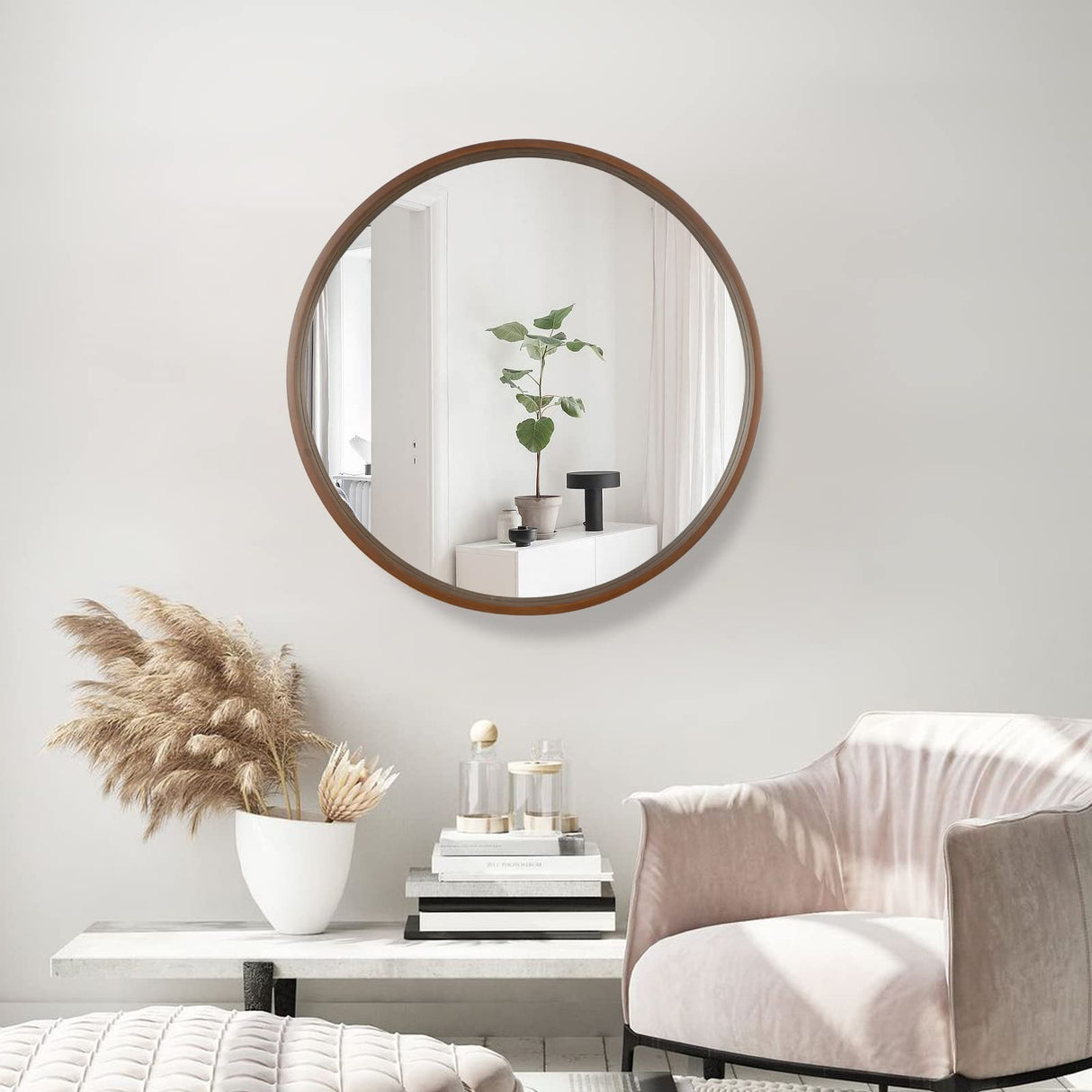 WallBeyond Circle Mirror with Wood Frame, 28" Round Modern Decoration Large Home Decor Mirror for Bathroom Living Room Bedroom Entryway (28" Diameter, Walnut) WallBeyond