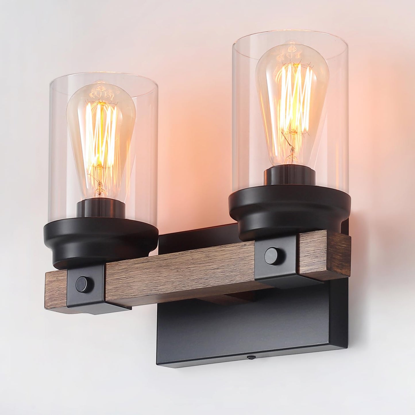 Farmhouse Wood Vanity Light, 2-Lights Bathroom Vanity Light, Rustic Black Bathroom Lighting Fixtures Over Mirror, Vintage Industrial Wall Sconces with Durable Glass Shade - WoodArtSupply