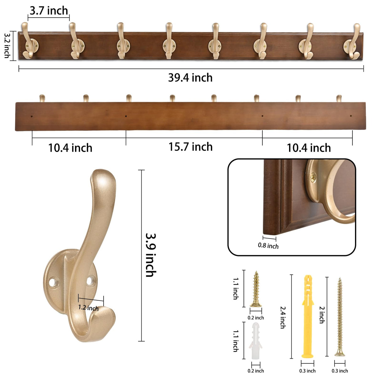 ZAYBOD Rustic Coat Hooks Wall Mount, Large 39.4 Inch Long Coat Rack for Garage & Entryway, Heavy Duty Organizer with 8 Hooks, Farmhouse Wooden Wall Decor for Jackets, Hats, Bags ZAYBOD