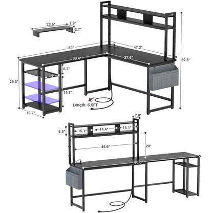 Aheaplus L Shaped Desk with Power Outlet & LED Strip, Reversible L-Shaped Corner Computer Desks Gaming Desk with Storage Shelf & Monitor Stand, Modern 2 Person Home Office Desk, Writing Desk, Black