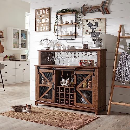 OKD Farmhouse Coffee Bar Cabinet with LED Lights, 55" Sideboard Buffet Table w/Sliding Barn Door & Wine and Glass Rack, Home Liquor Bar w/Storage Shelves for Dining Room,Reclaimed Barnwood - WoodArtSupply