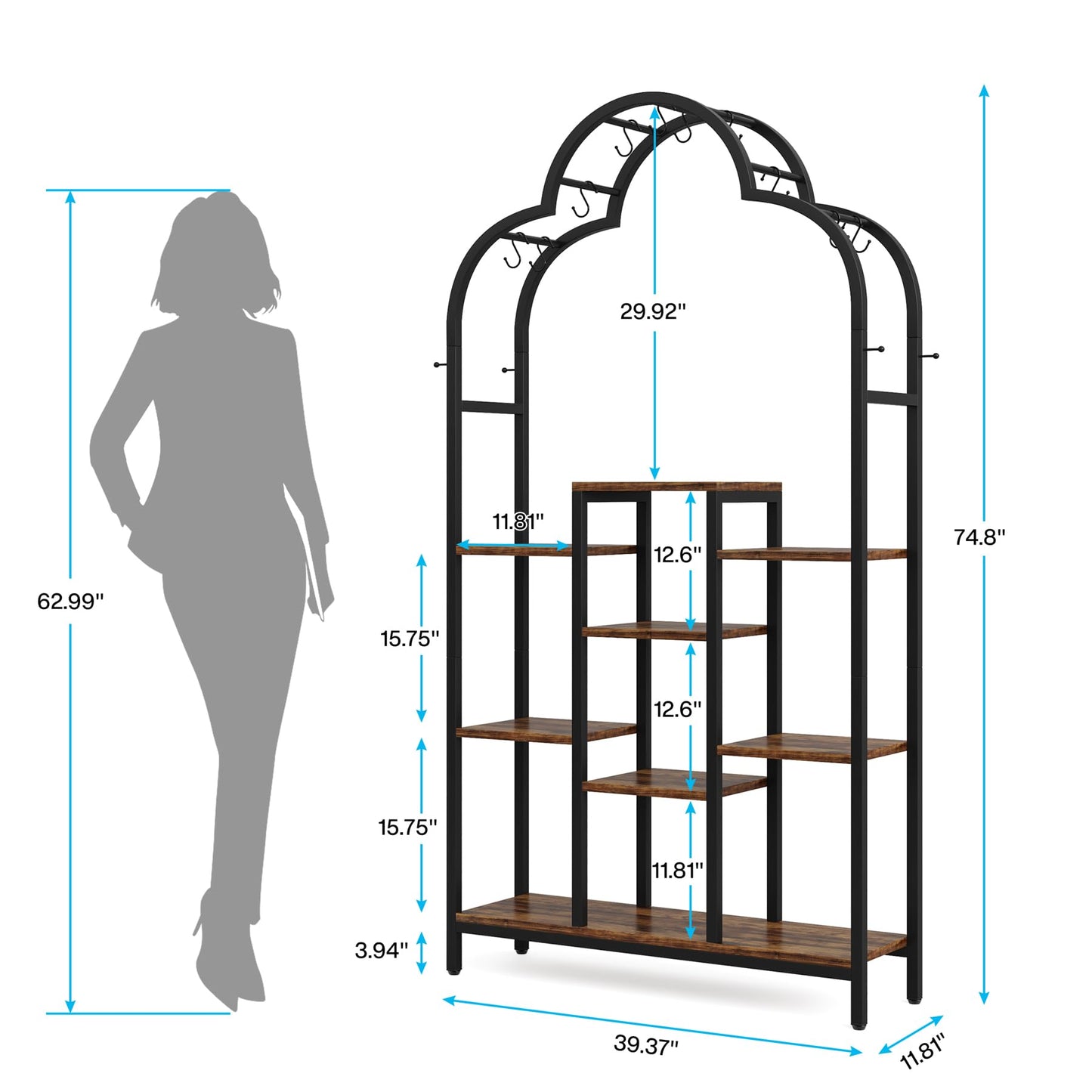 Tribesigns 6 -Tier Plant Stand Indoor, 74.8" Tall Arched Metal Plant Shelf with 10 Hanging Hooks, Multi-Purpose Large Flower Bonsai Pots Display Rack for Indoor, Garden, Balcony, Living Room, - WoodArtSupply