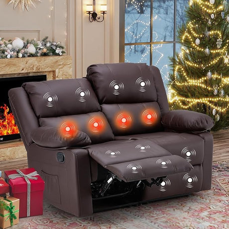 YODOLLA Loveseat Recliner with Heat&Massage Function, RV Couch Wall-Hugger Reclining Sofa Modern Manual Faux Leather Control, Home Theater Seating, Brown YODOLLA