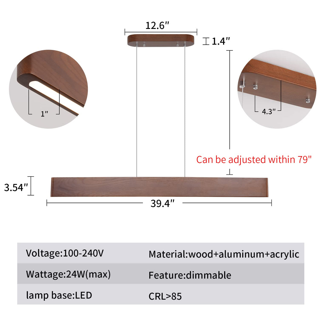 YISDESIGN 39.4" Wood Linear Pendant Light 24w Led Dimmable Dining Room Light Wood Kitchen Island Pendant Hanging Light for Kitchen Island Office Lights Walnut Color YISDESIGN