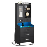 ADORNEVE Tall Night Stand with Charging Station and LED Lights,49.2" Nightstand with Bookshelf, Black Bedside Table with Drawers,End Side Table for Bedrooms ADORNEVE