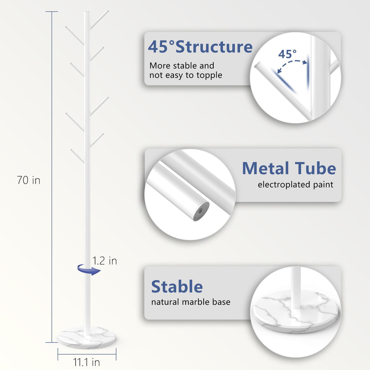 Heavy Duty Coat Rack with Natural Marble Base, Freestanding Metal Coat Stand with 8 Hooks, Modern Stable Coat Hanger Tree for Bags, Jacket, Clothes, and Hats, White Metal Durmmur