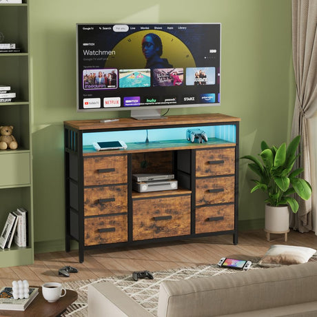 J-yaamiZz 7 Drawer Dresser TV Stand with Power Outlets and LED Lights, Entertainment Center with Open Shelf, Media Console for 50“ TV, Dresser for Bedroom (Brown) J-yaamiZz