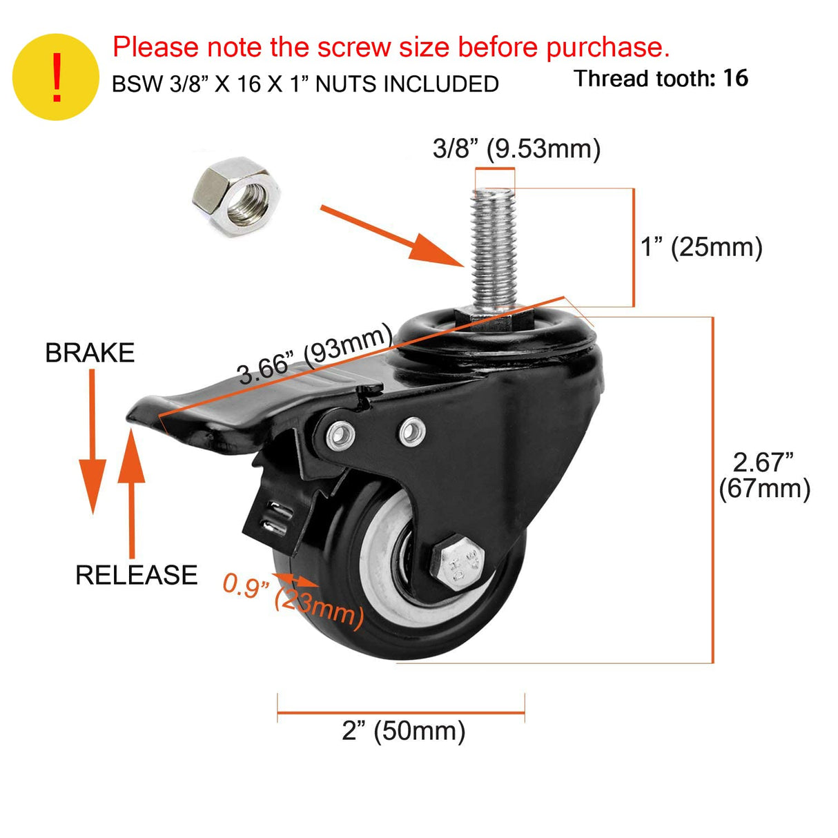 2" Stem Caster Wheels with Safety Dual Locking 600Lbs Heavy Duty Threaded Stem Casters No Noise Swivel Castors with Brakes 3/8"- 16 x 1 (Set of 4) YOOGAA