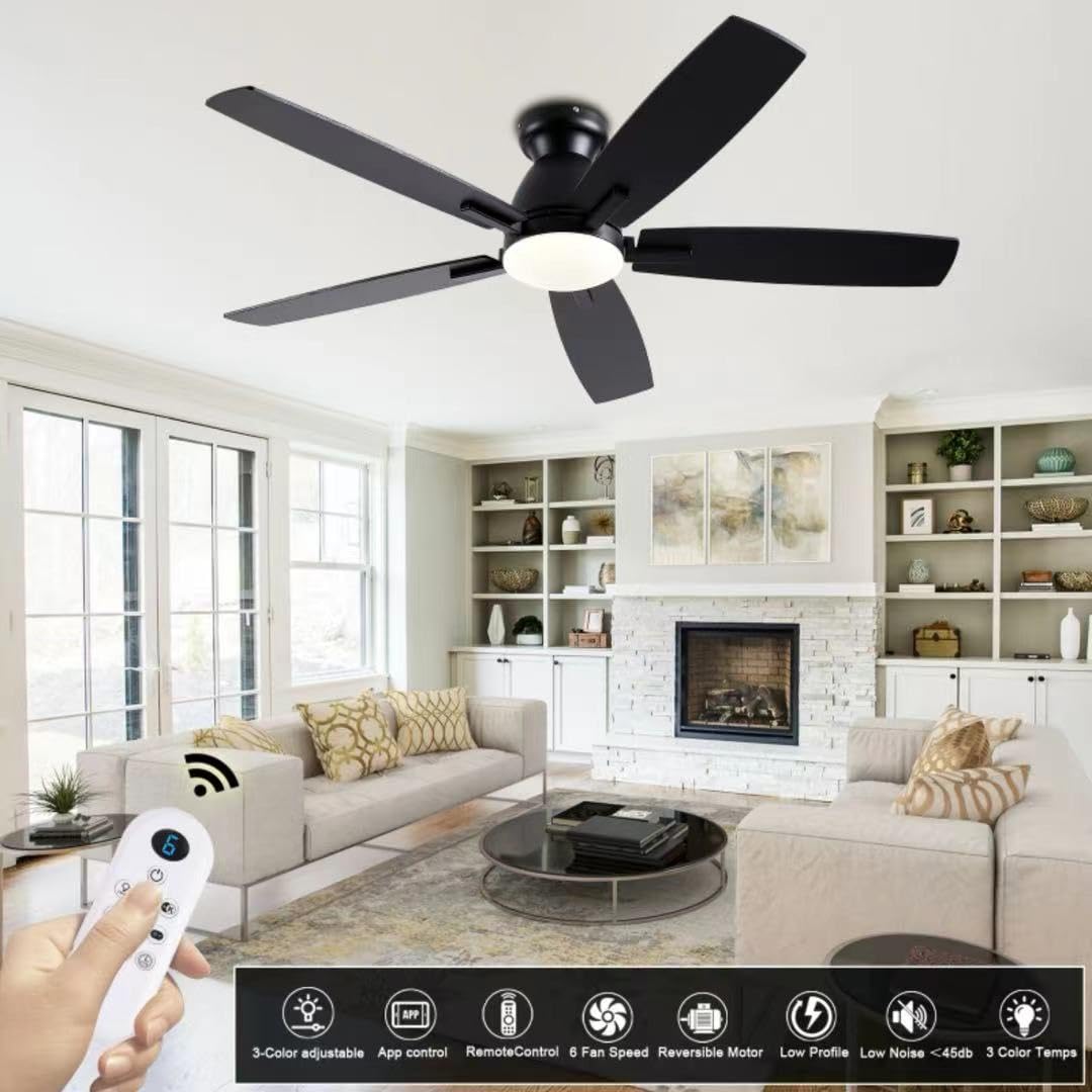 NKPU Ceiling Fans with Lights, 52 Inch Low Profile Ceiling Fan with Light and Remote Control, Flush Mount, DC Reversible Motor, Dimmable LED Black Ceiling Fans for Bedroom,Indoor/Outdoor Patio Use NKPU