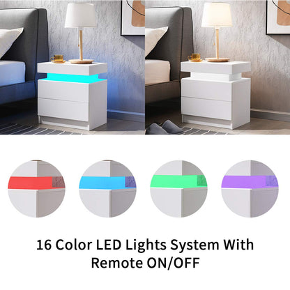 Generic Nightstand LED Set of 2 Bedside Table LED Cabinet with LED Lights Modern End Side Table with 2 Drawers for Bedroom (White), 13D x 19W x 20H in (JCFDB) - WoodArtSupply