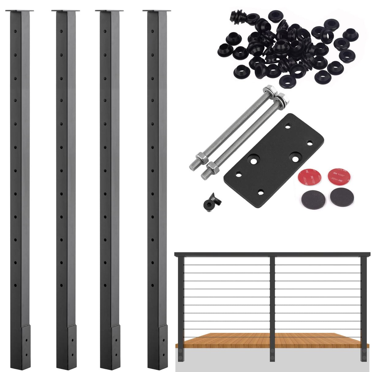 Senmit Cable Railing Post Fascia Mount-Stainless Steel Square Weldless 42"x2"x2" Pre-drilled Side Mount Metal Post for Wood Deck, Black 4 Pack Senmit