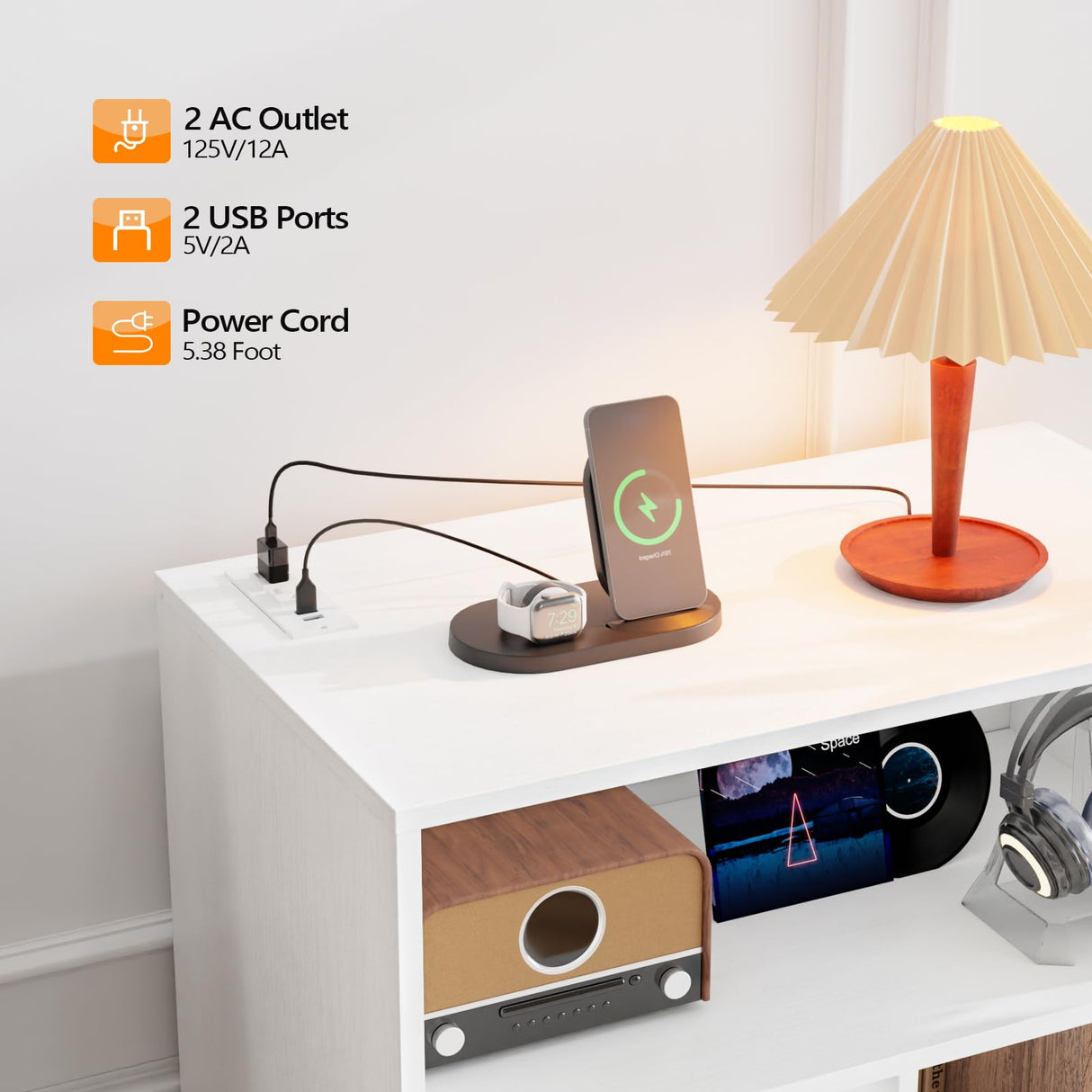 VINGLI Record Player Stand with Open Vinyl Storage, Mid-Century Album Storage Table with LED Light up to 300 Albums, Vinyl Record Player Shelf with Power Outlet for Living Room, White VINGLI