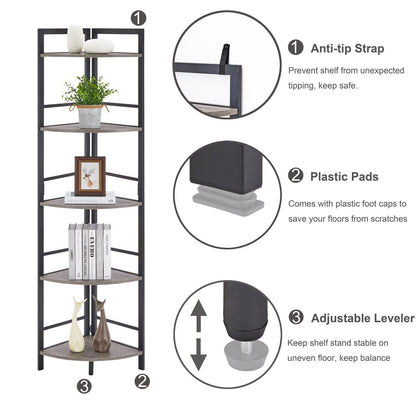 BON AUGURE Industrial Chic 5-Tier Dark Grey Oak Corner Bookshelf - WoodArtSupply