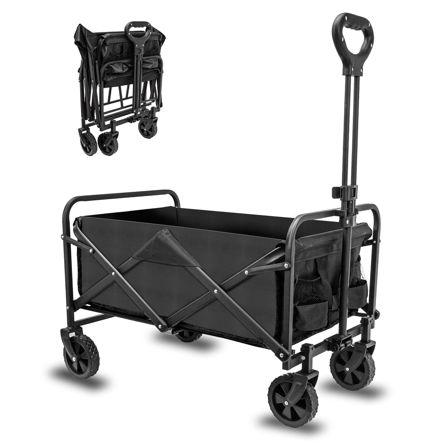 TWOCORN Collapsible Foldable Wagon,Beach Wagon Cart Heavy Duty with Wheels Foldable,Utility Folding Grocery Wagon for Camping Sports Outdoor Activities(Black) - WoodArtSupply