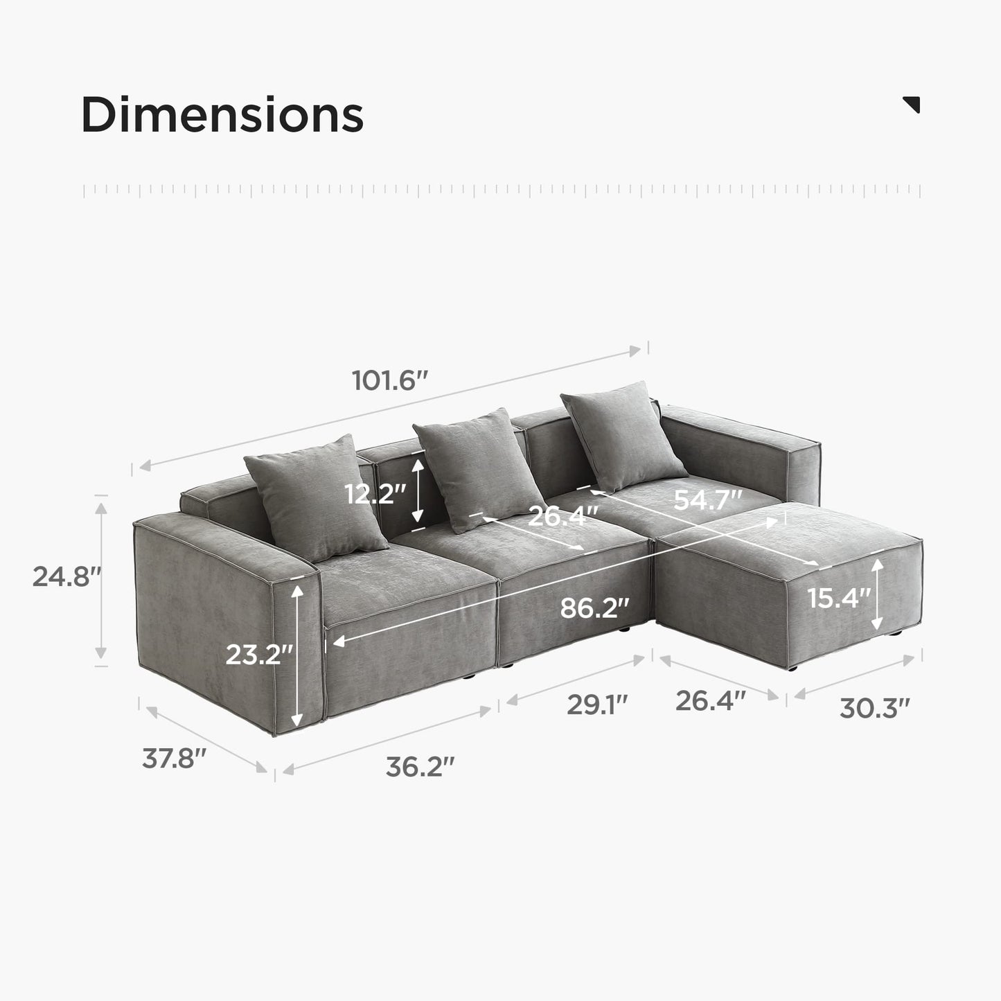 Acanva Luxury Modular Sectional Living Room Sofa Set, Modern Minimalist Style Couch with Ottoman and Chaise, L-Shape, Chenille Grey