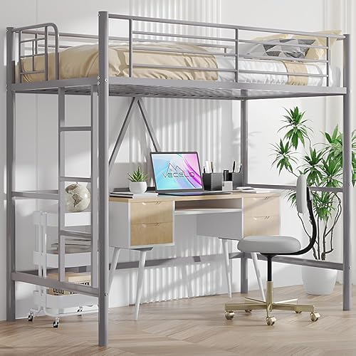 VECELO Metal Loft Bed Twin Size with Removable Ladder and Safety Guardrail, No Box Spring Needed, Space Saving, Noise Free, Grey VECELO