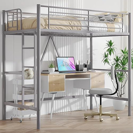 VECELO Metal Loft Bed Twin Size with Removable Ladder and Safety Guardrail, No Box Spring Needed, Space Saving, Noise Free, Grey VECELO
