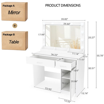 Likein White Vanity with Lighted Mirror - Small Vanity Desk with Mirror and Lights, Makeup Vanity Desk with Lights, Modern Dressing Table with Charging Station 2 Drawers & Cabinet for Girls Women