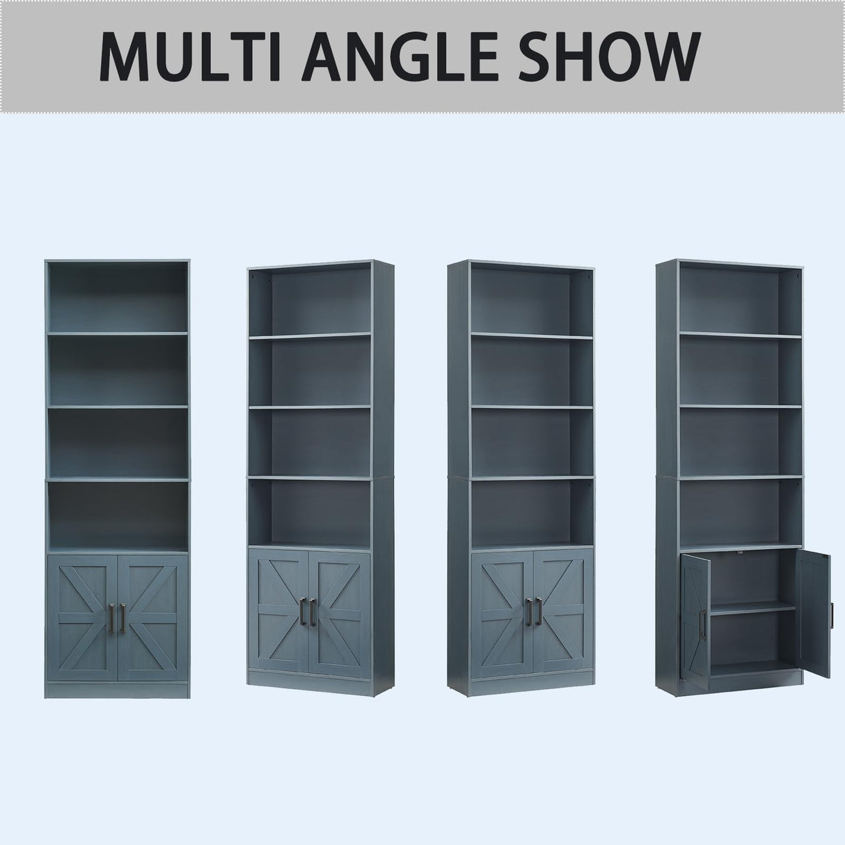 RWYHG 70in Tall Bookshelf 6 Tier Bookcase with Barn Doors and Adjustable Shelf, Blue Farmhouse Book Shelves with Storage Cabinet, Wood Floor Standing Display Bookshelve for Bedroom,Living Room,Kitchen RWYHG