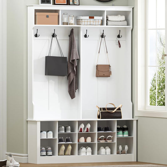 Wodeer Hall Tree with Bench and Shoe Storage, 4-in-1 White Hall Tree with Shelves, 6 Coat Hooks and Adjustable Shoe Storage Shelves for Entryway, Hallway, Bedroom