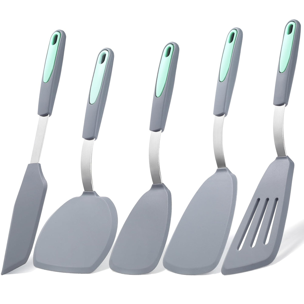 To encounter 5 Pieces Silicone Spatula Set, Non-Stick Silicone Turner Spatulas, Heat Resistance Cooking Utensils, Flip Turner for Fish, Egg, Pancake, Light Grey To encounter