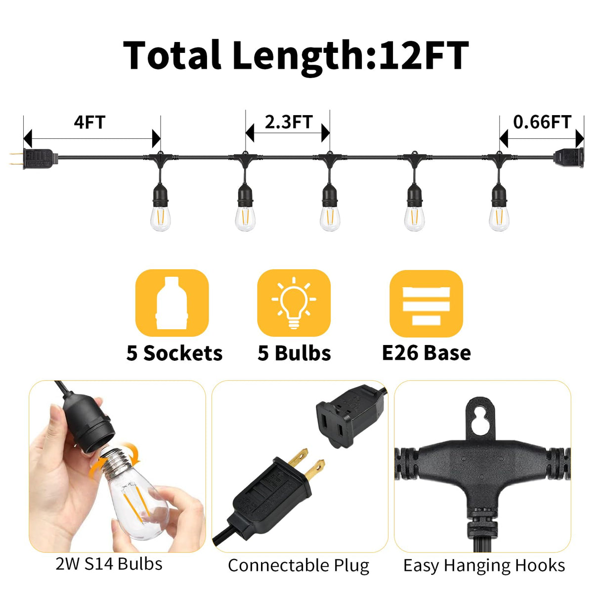 BRIMAX 12FT Outdoor String Lights with 5 LED Bulbs Outdoor Lights Shatterproof Edison Bulb Commercial Grade Waterproof LED Outside Light for Bistro Gazebos Porch Patio Garden BRIMAX