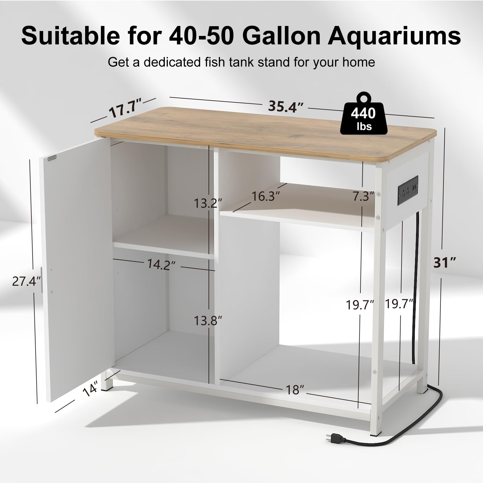 TRYKERPET 40-50 Gallon Aquarium Stand, Metal Frame Fish Tank Stand with Power Outlets and Wooden Cabinet Storage, Breeder Tank Turtle Reptile Terrariums Stand Rack for Home Office, 440LBS Cap - WoodArtSupply