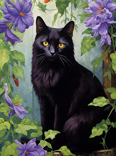 MaiYiYi Black Cat Diamond Painting by Numbers, 5D Full Round Drill Pet Cat Diamond Painting Cross Stitch Kit, Flower Cat Diamond Dots Art for Adult Beginners Home Wall Art Decor (30X40 CM)