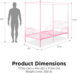 Twin Canopy Bed Frame for Girls, Pink Metal Princess Bed with Heart Design, No Box Spring Needed, Weight Capacity 225 lbs, Underbed Storage Space WoodArtSupply