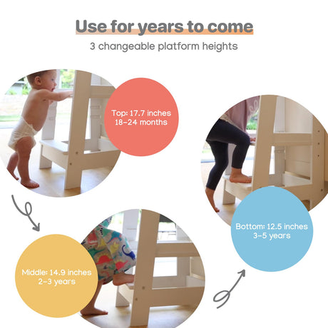Adjustable Toddler Standing Stool for Kitchen & Bathroom | Wooden Step Stool with Safety Rails for Cooking & Learning | Sturdy & Secure Platform for Ages 18 Months to 5 Years Stepup Baby