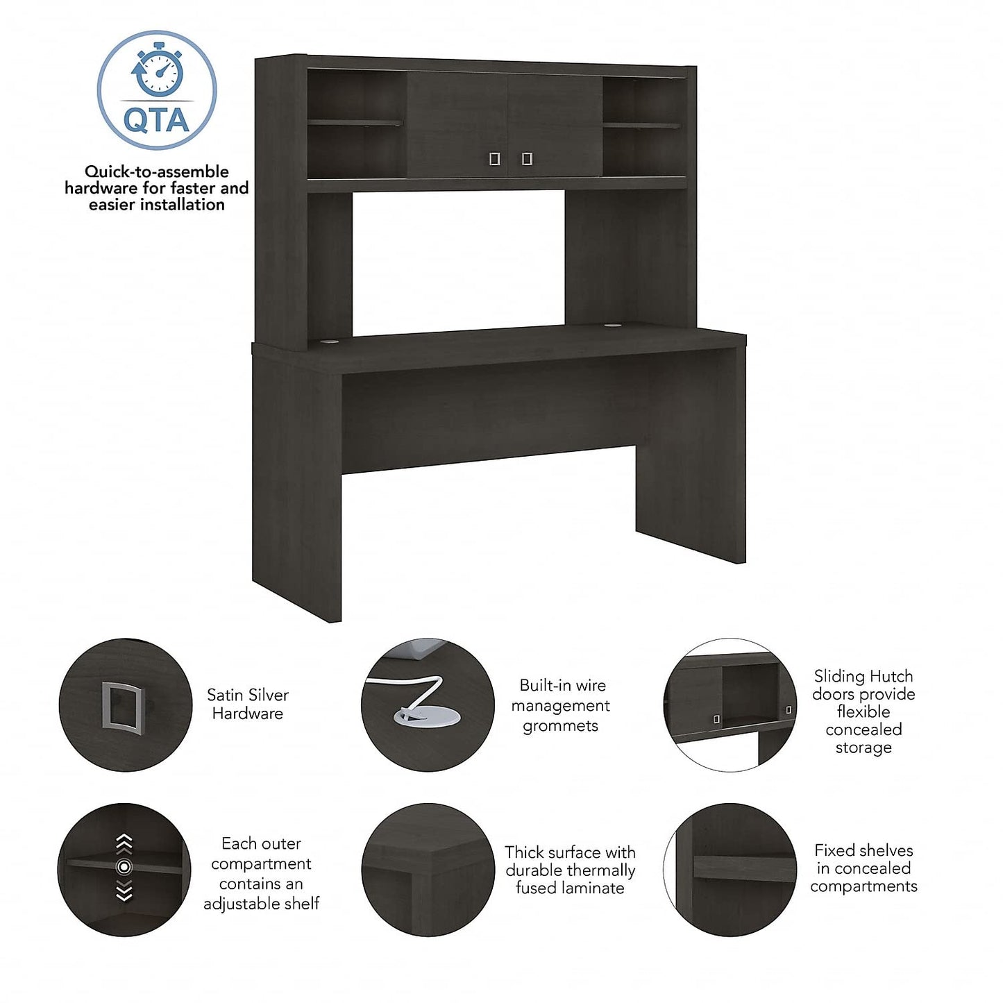 Office by kathy ireland Echo 60-inch W Credenza Desk with Hutch, Charcoal Maple (ECH030CM) - WoodArtSupply