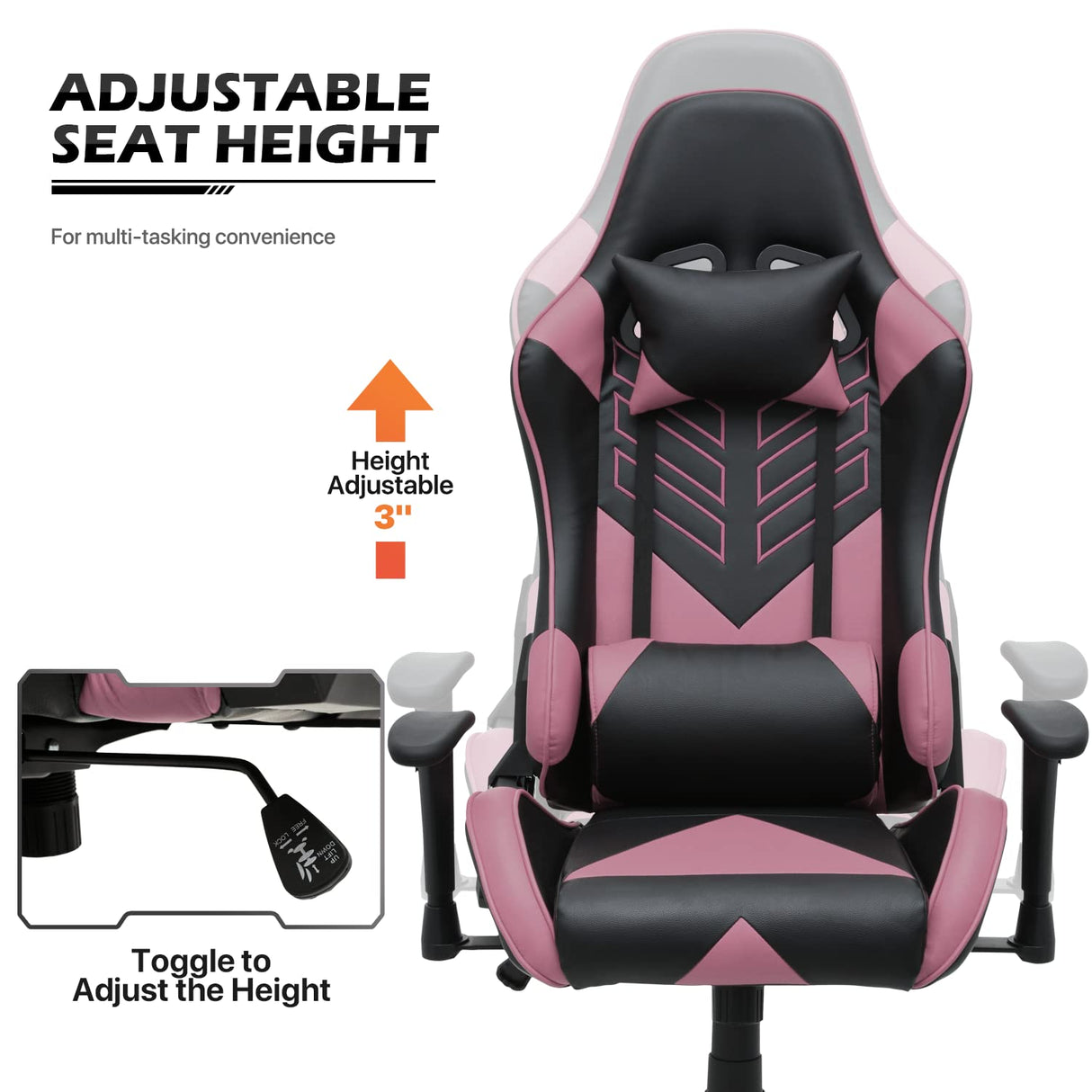 MoNiBloom Computer Chair Gaming High Back Office Gaming Chair with Headrest and Lumbar Support, PU Leather Ergonomic Racing Chair with Adjustable Height and Reclining Function for Teen Adult, Pink MoNiBloom