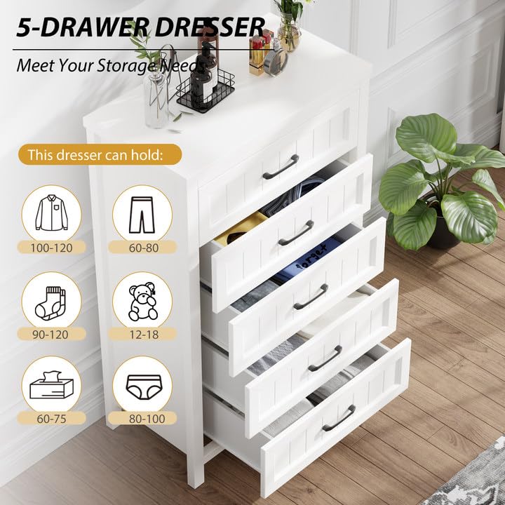 Jocoevol 5 Drawer Dresser for Bedroom - Farmhouse 44.9" Tall Chest of Dresser with Large Storage, Rubst Wood Construction for Living Room, Hallway & Entryway - White Jocoevol