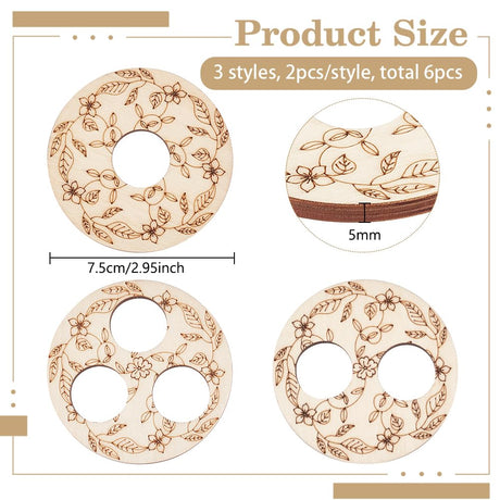 BENECREAT 6 Pcs 3 Styles Wooden Wick Centering Tool, 2.95 Inch Engraved Patterned Wick Holder, 1-Hole 2-Hole 3-Hole Candle Wick Stabilizer for Candle Making DIY BENECREAT