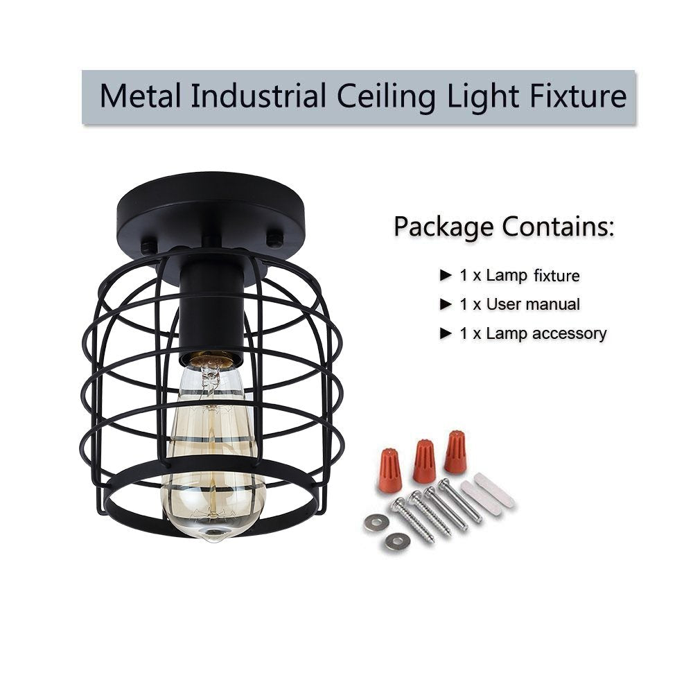 Create For Life® Industrial Vintage Flush Mount Ceiling Light,Rustic Metal Cage Pendant Lighting Lamp Fixture for Hallway Stairway Kitchen Garage, E26, Black Painting Finish Create For Life