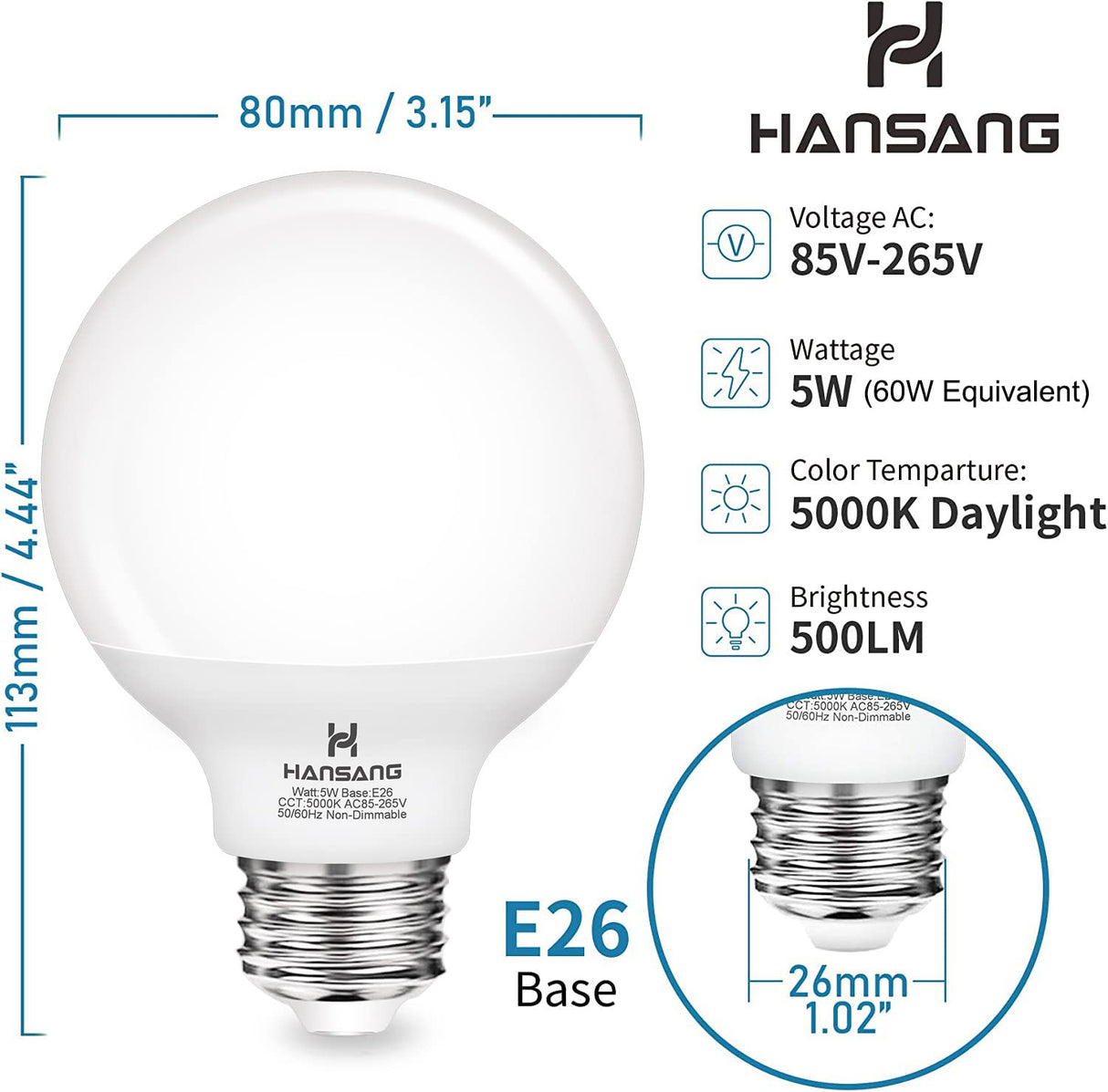 hansang G25 LED Globe Light Bulbs, 60W Equivalent, 5000K Daylight Bathroom, E26 Base, Eye-Friendly Vanity Round, Perfect for Vanity Makeup Mirror, 120V CRI85+ Non-Dimmable 4Pack hansang