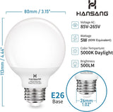 hansang G25 LED Globe Light Bulbs, 60W Equivalent, 5000K Daylight Bathroom, E26 Base, Eye-Friendly Vanity Round, Perfect for Vanity Makeup Mirror, 120V CRI85+ Non-Dimmable 4Pack hansang