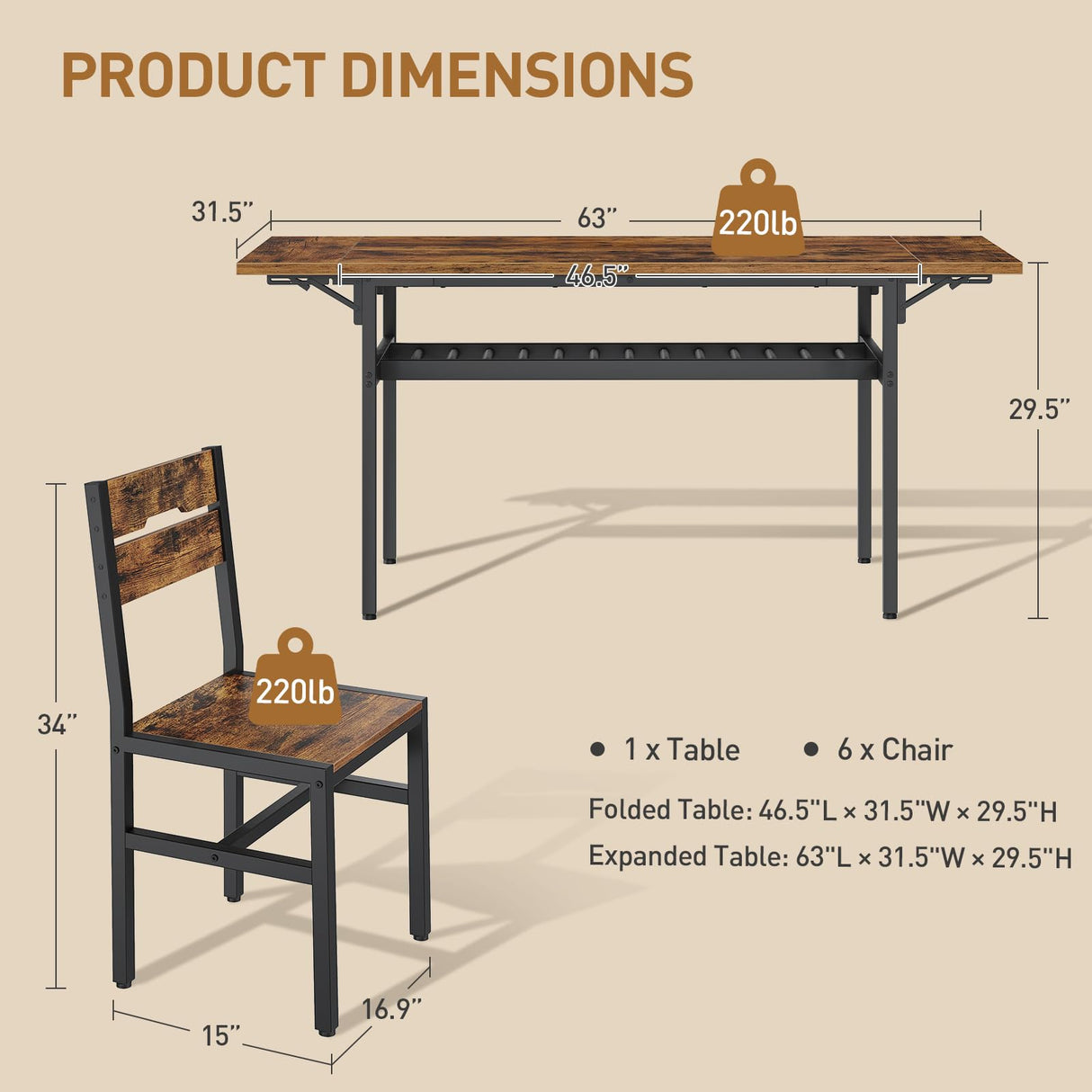 RALGEND 7-Piece Dining Table Set for 4-6, 63" Extendable Kitchen Table and 6 Chairs, Rectangle Dining Room Table Set for 6 with Wine Rack for Small Saving Space, Rustic Brown and Black RALGEND