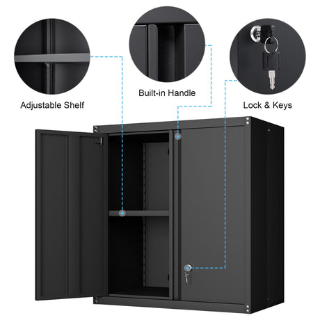 GREATMEET Metal Wall Cabinet, Wall Mounted Storage Cabinet for Garage Storage, Floating Cabinet with Doors and Adjustable Shelf, Steel Cabinet with Lock for Utility Room,Garage GREATMEET