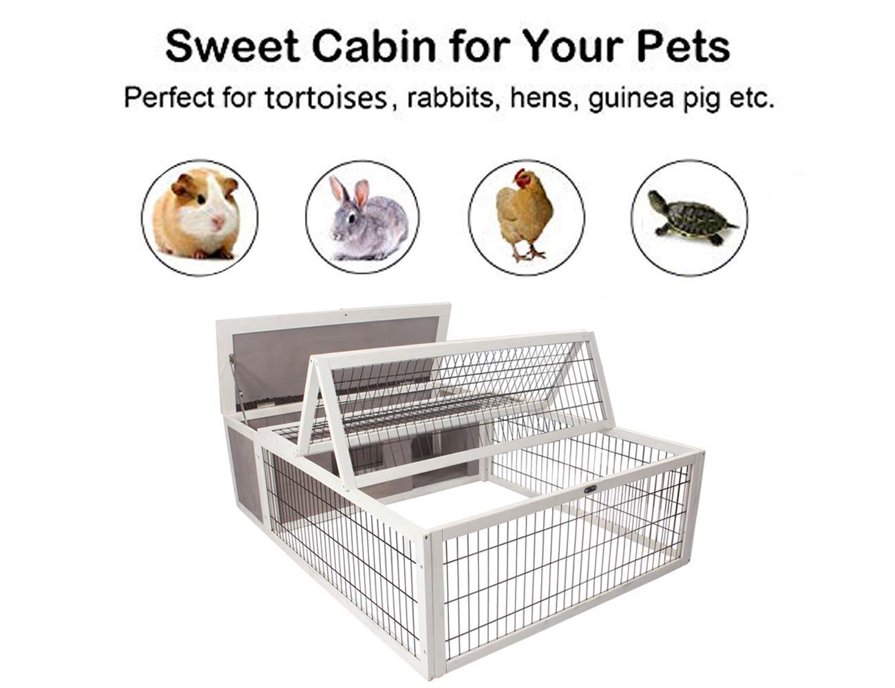 Tortoise House Habitat Wooden, Chicken Coop with Run Rabbit Hutch Small Animal Hutch Enclosure Indoor/Outdoor-Grey + White Trim