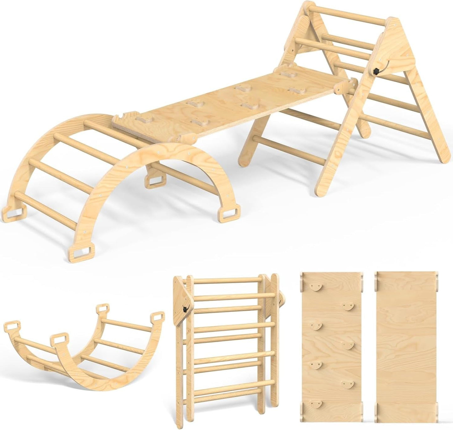 Pelnuies Pikler Triangle Set, 5 in 1 Wooden Montessori Climbing Set with Ramp for Sliding or Climbing, Foldable Toddler Climbing Toys Indoor Playground, Jungle Gyms for Toddlers 1-3, Natural