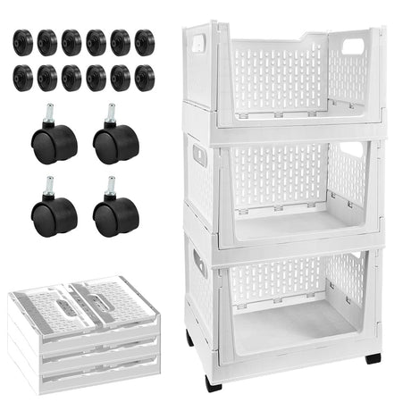 Stackable Plastic Storage Basket, 3 Pack Foldable Closet Organizers and Storage Bins with Wheels, Collapsible Drawer Shelf Storage Box Container for Office Bedroom Closet Wardrobe Kitchen Bathroom BUZIFU
