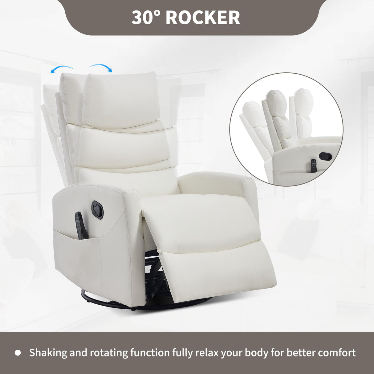 PELUMY Manual Recliner Chair with Heat & Vibration Massage, 360° Swivel Rocker Recliner with 155° Recline and Lumbar Heat, Compact Recliner for Living Room & Small Spaces (Breathable Leather, White) PELUMY