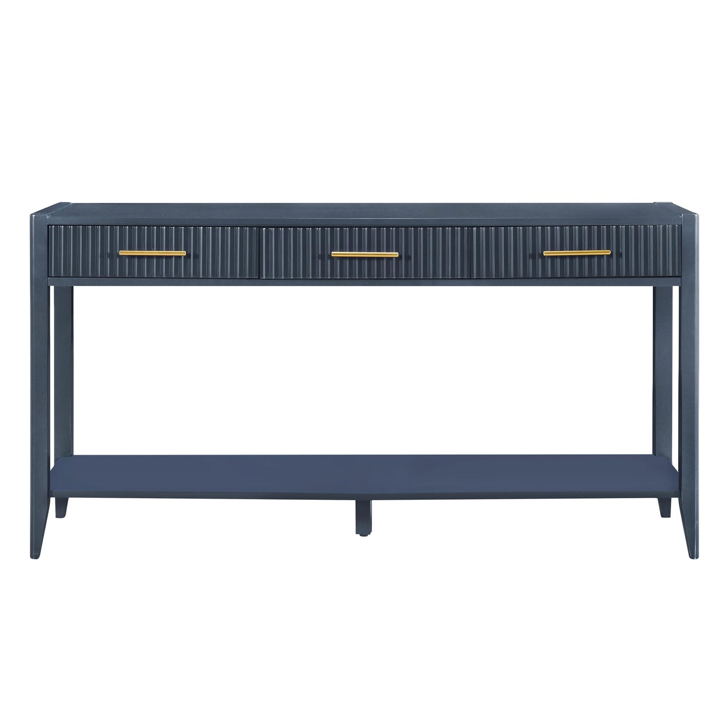 60" Modern Wooden Console Table Sofa Table with 3 Vertical Stripe Drawers, Open Bottom Shelf and Long Legs for Entryway, Hallway, Living Room, Foyer, Corridor (Navy Blue-04)