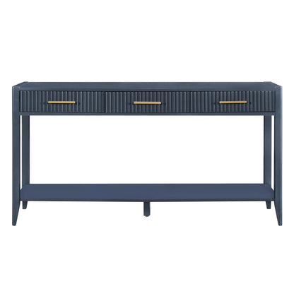 60" Modern Wooden Console Table Sofa Table with 3 Vertical Stripe Drawers, Open Bottom Shelf and Long Legs for Entryway, Hallway, Living Room, Foyer, Corridor (Navy Blue-04)