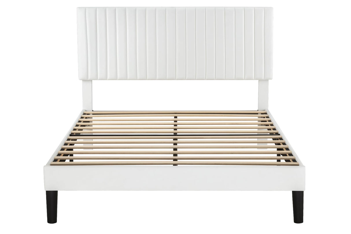 Allewie Queen Bed Frame, Velvet Upholstered Platform Bed with Adjustable Vertical Channel Tufted Headboard, Mattress Foundation with Strong Wooden Slats, Box Spring Optional, Easy Assembly, White Allewie