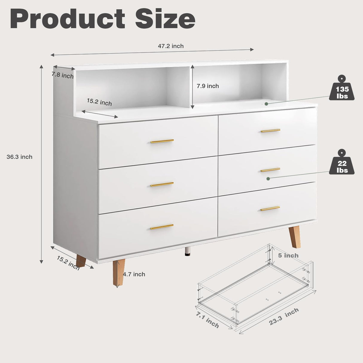 UNIQUITE 6 Drawers Dresser with LED Light and Power Outlet, Wood White Dressers for Bedroom & Chests of Drawers, Large Double Dressers for Bedroom, Living Room, Entryway, Hallway UNIQUITE