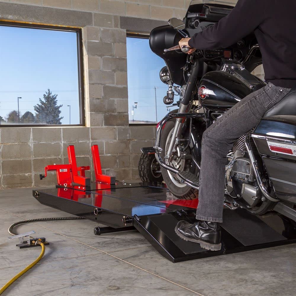 Black Widow Extra-Wide Pneumatic ProLift Motorcycle Scissor Lift Table 1,500 lb. Maximum Capacity with 31.25" Maximum Lift Height Black Widow