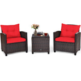 Tangkula 3 Pieces Patio Furniture Set, PE Rattan Wicker 3 Pcs Outdoor Sofa Set w/Washable Cushion and Tempered Glass Tabletop, Conversation Furniture for Garden Poolside Balcony (Red) Tangkula